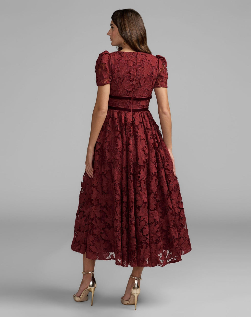 Burgundy A-Line Short Sleeve Lace Midi Dress