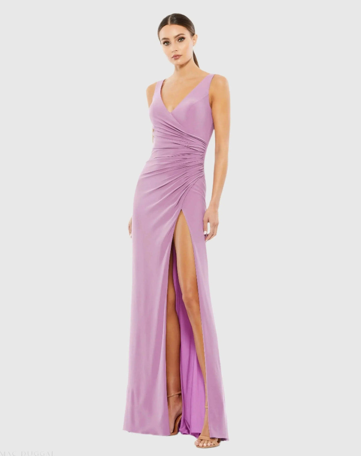 Faux Wrap Sleeveless V Neck Gown
