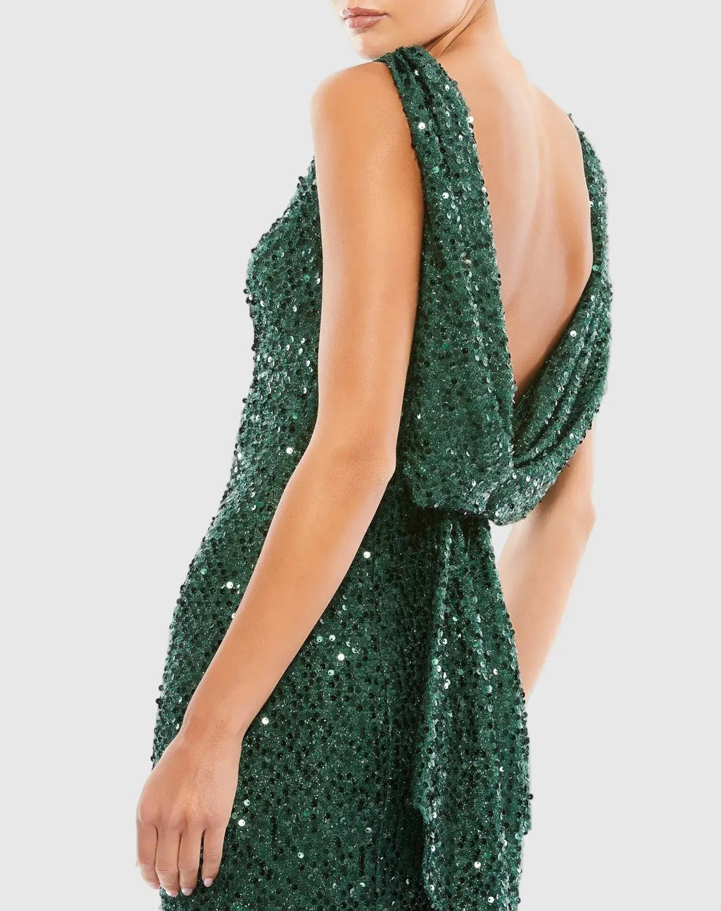 Emerald Sleeveless Cowl Back Sequin Evening Gown