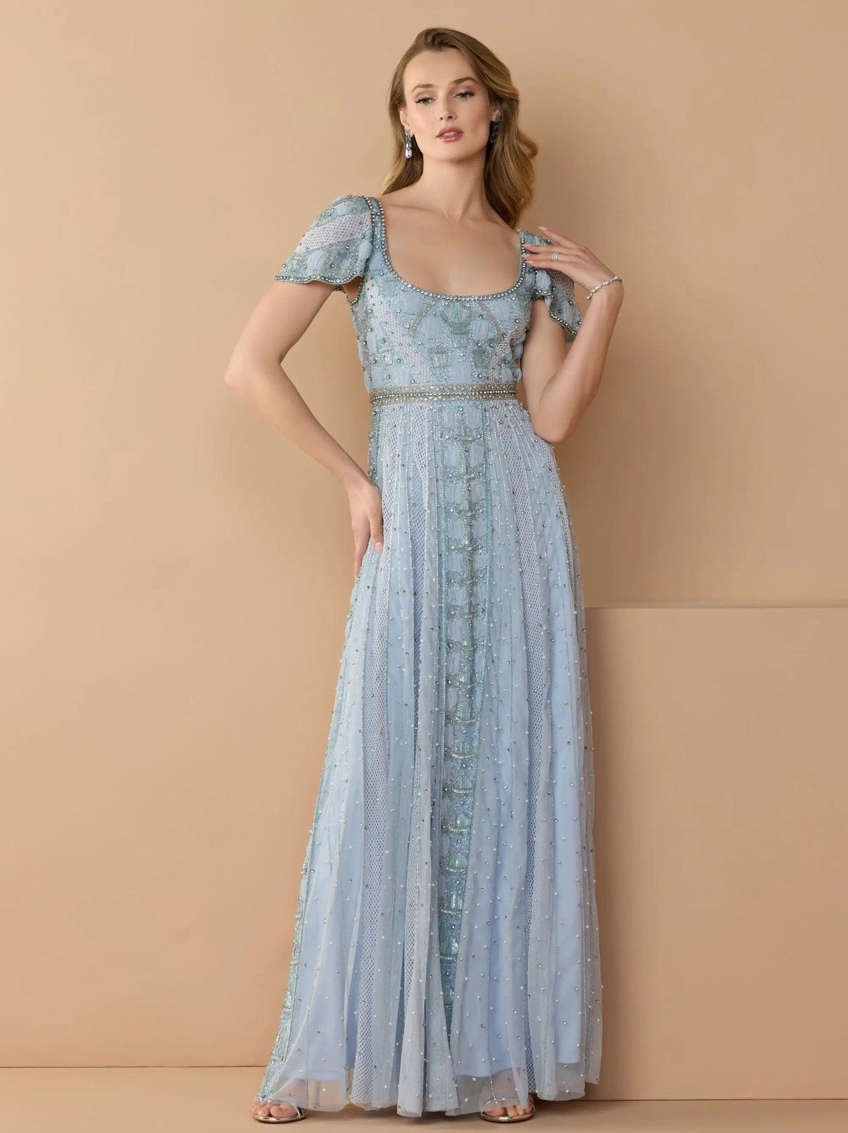 Slate Blue Short Sleeve Scoop Neck Embellished Gown
