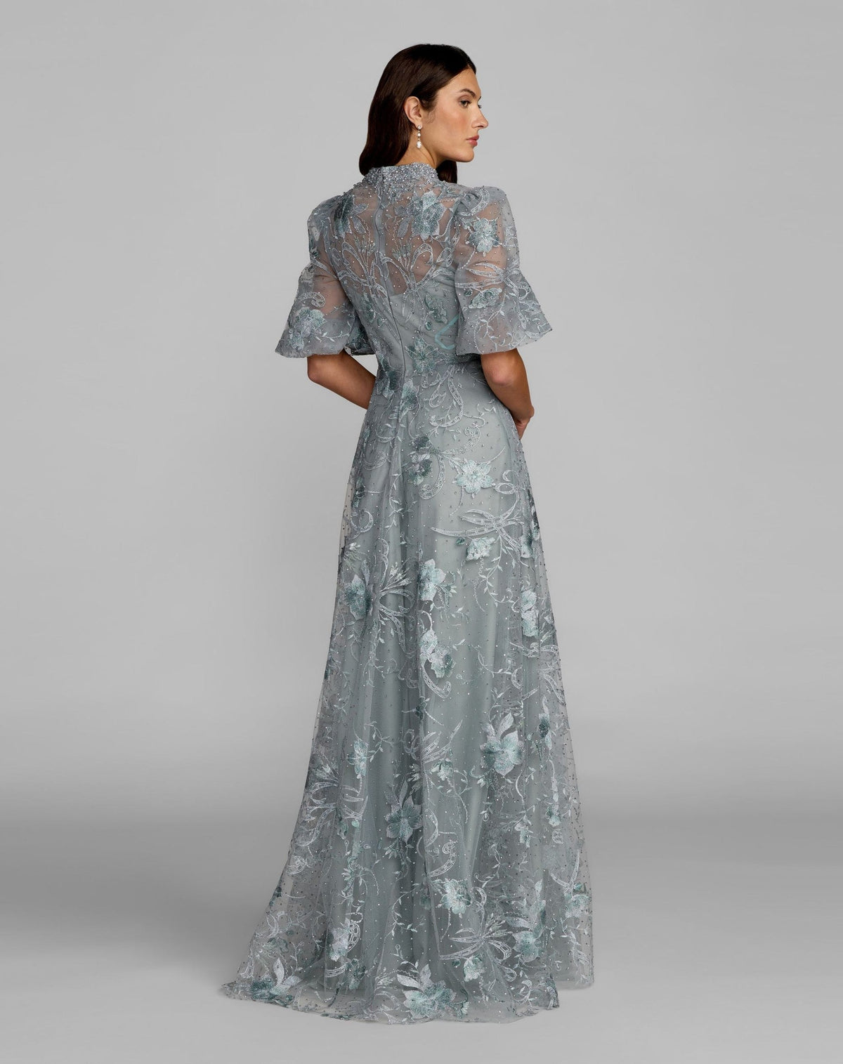 Petite French Blue Queen Anne Puff Sleeve A-Line Gown