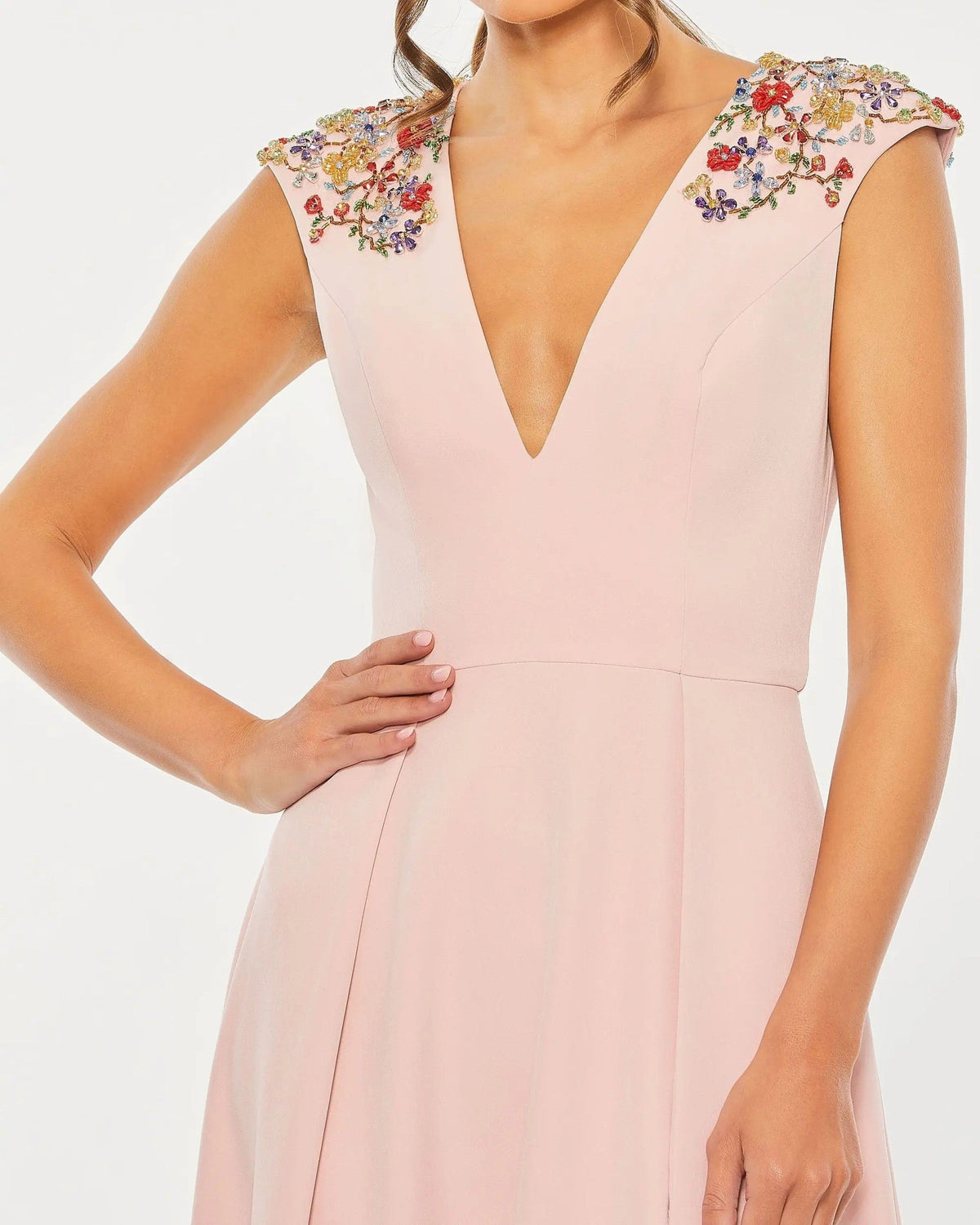 Rose Pink Embellished Cap Sleeve A-Line Evening Gown