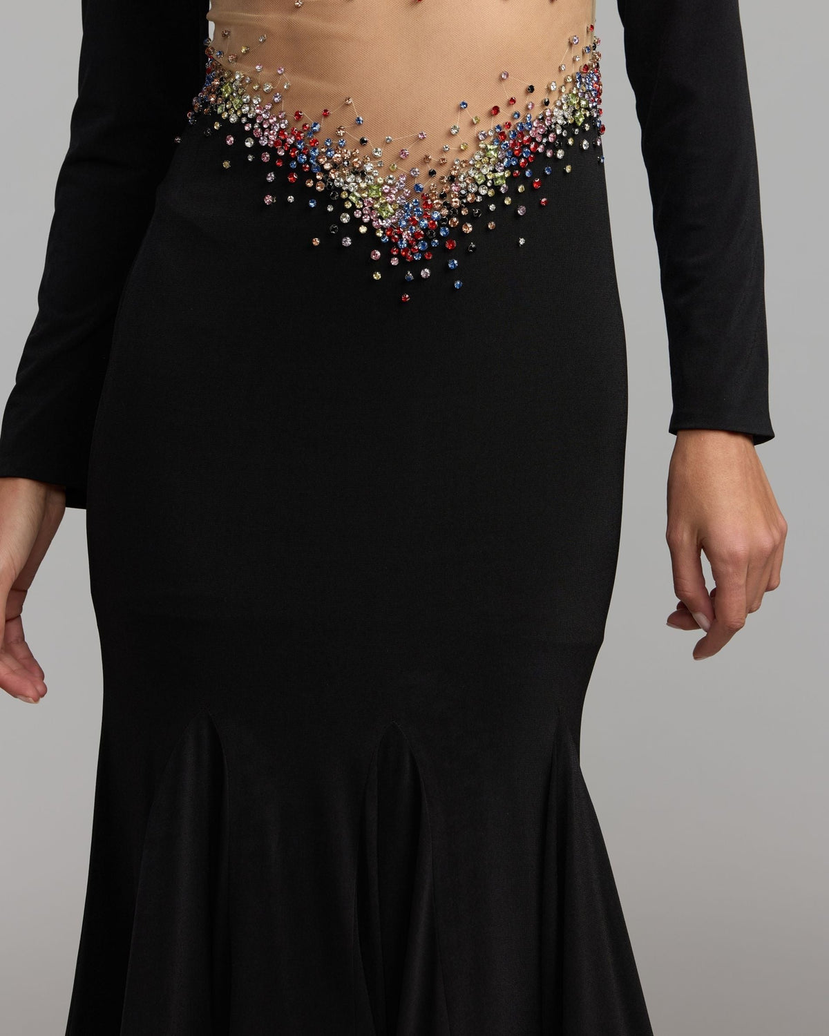 Black Multicolor Crystal Embellished Illusion Jersey Gown