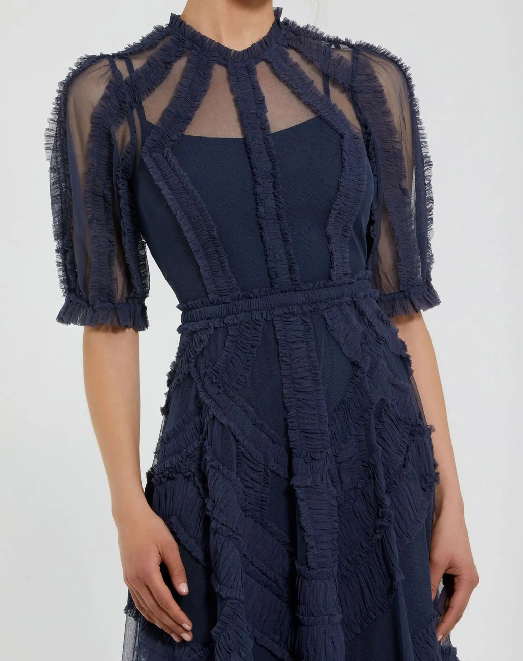 Navy High Neck Ruffle Tiered A-Line Midi Dress