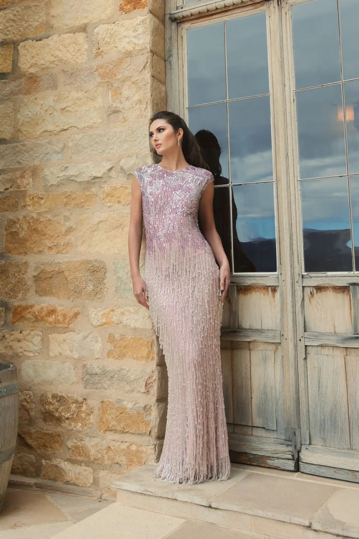 Vintage Lilac Embellished Cap Sleeve Gown With Fringe Beading