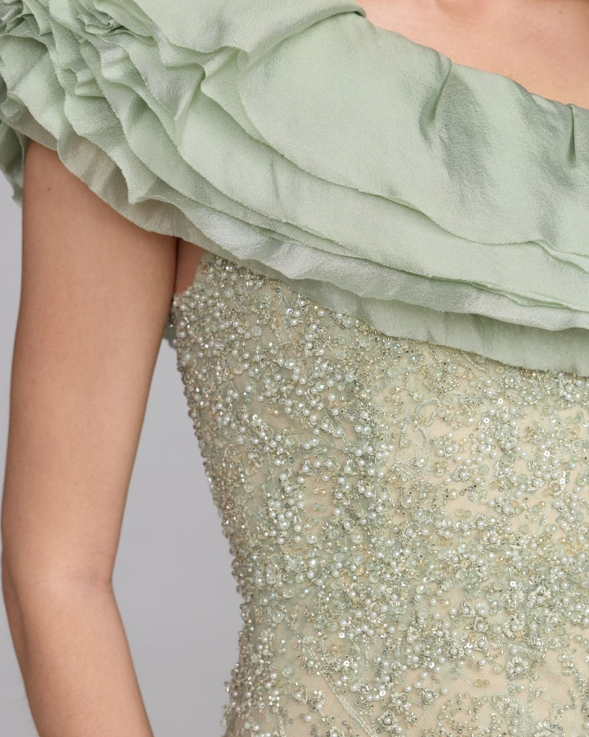 Sage Embellished Lace One Shoulder Trumpet Gown