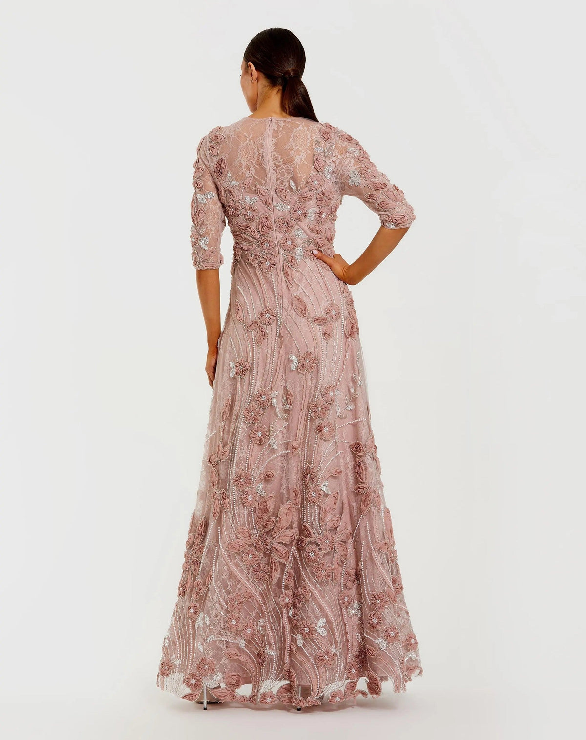 Mocha High Neck Embellished Lace Gown With 3/4 Sleeves