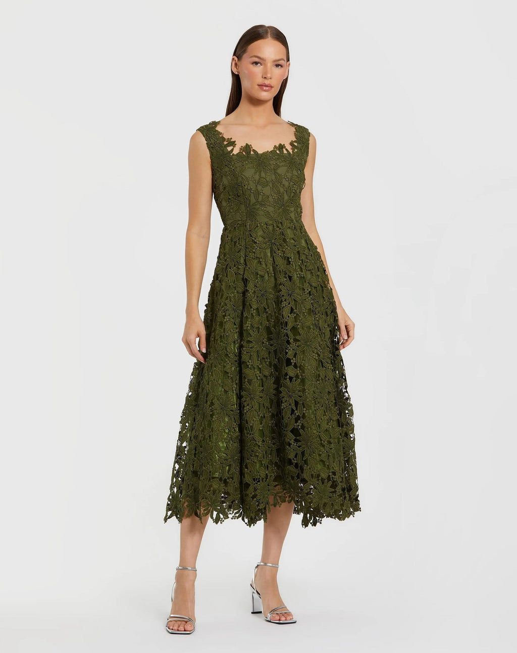 Army Green Sleeveless Embroidered Lace A-Line Midi Dress