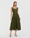 Army Green Sleeveless Embroidered Lace A-Line Midi Dress