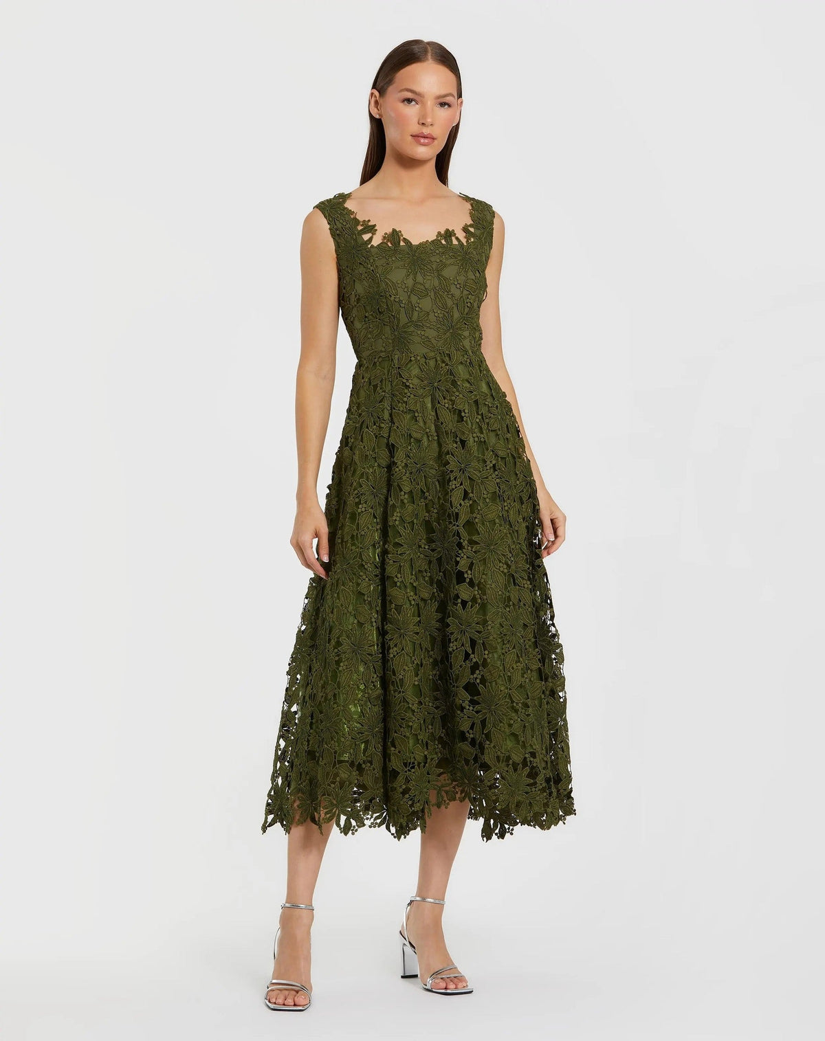 Army Green Sleeveless Embroidered Lace A-Line Midi Dress