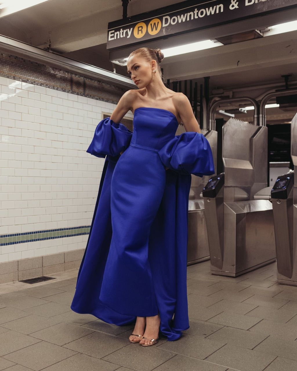 Cobalt Off The Shoulder Puff Sleeve Satin Gown With Cape