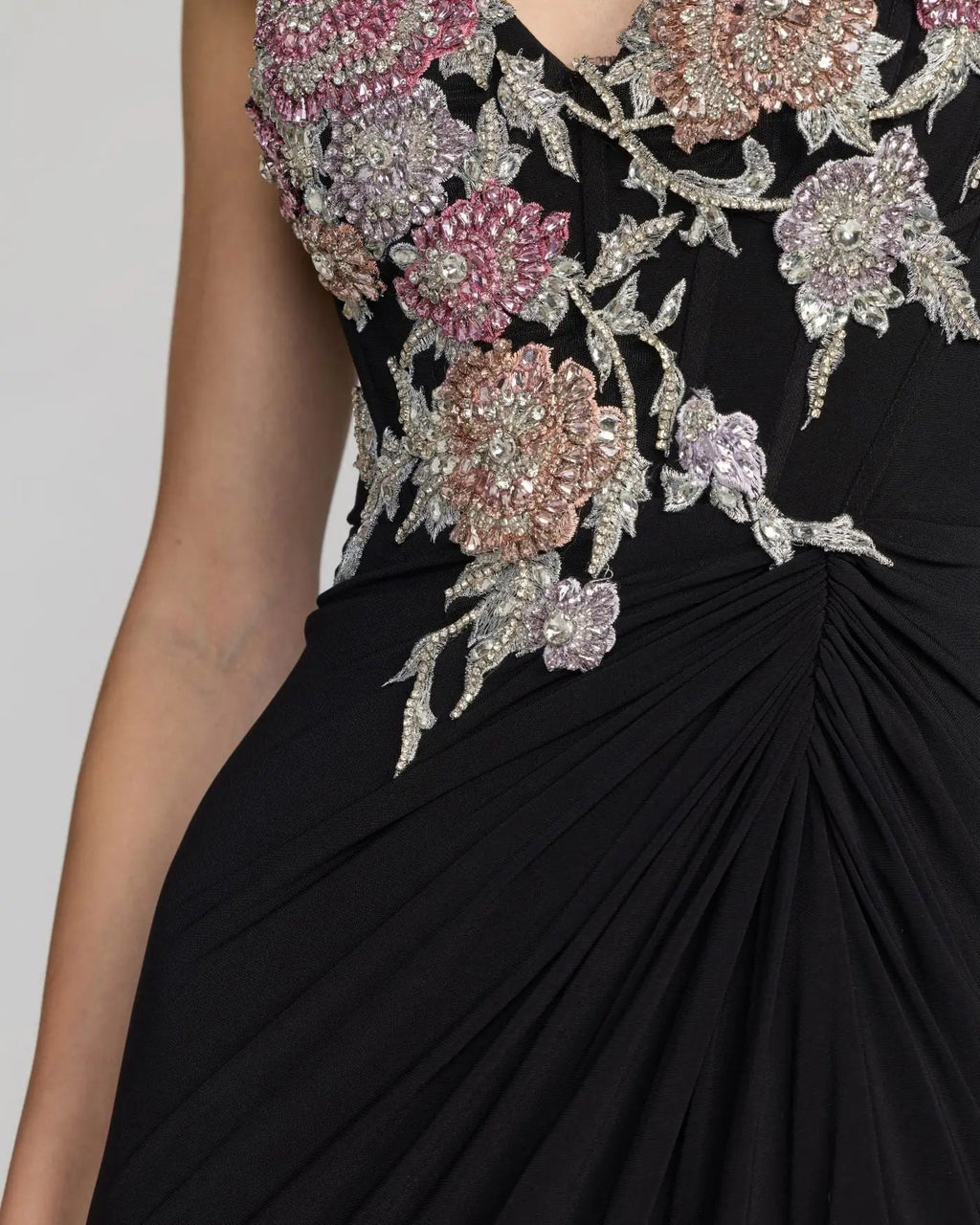 Black Multi Sweetheart Jersey Gown With Beaded Flowers