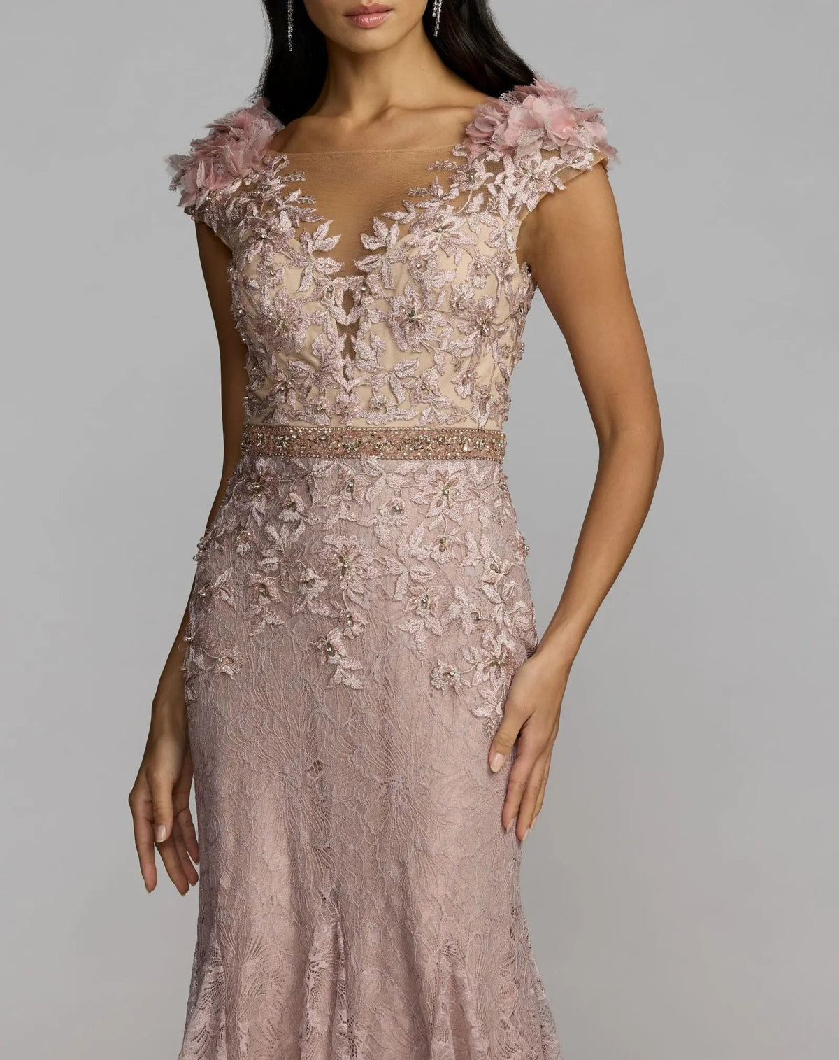 Mocha Embellished Lace Illusion Neck Gown With 3D Flowers