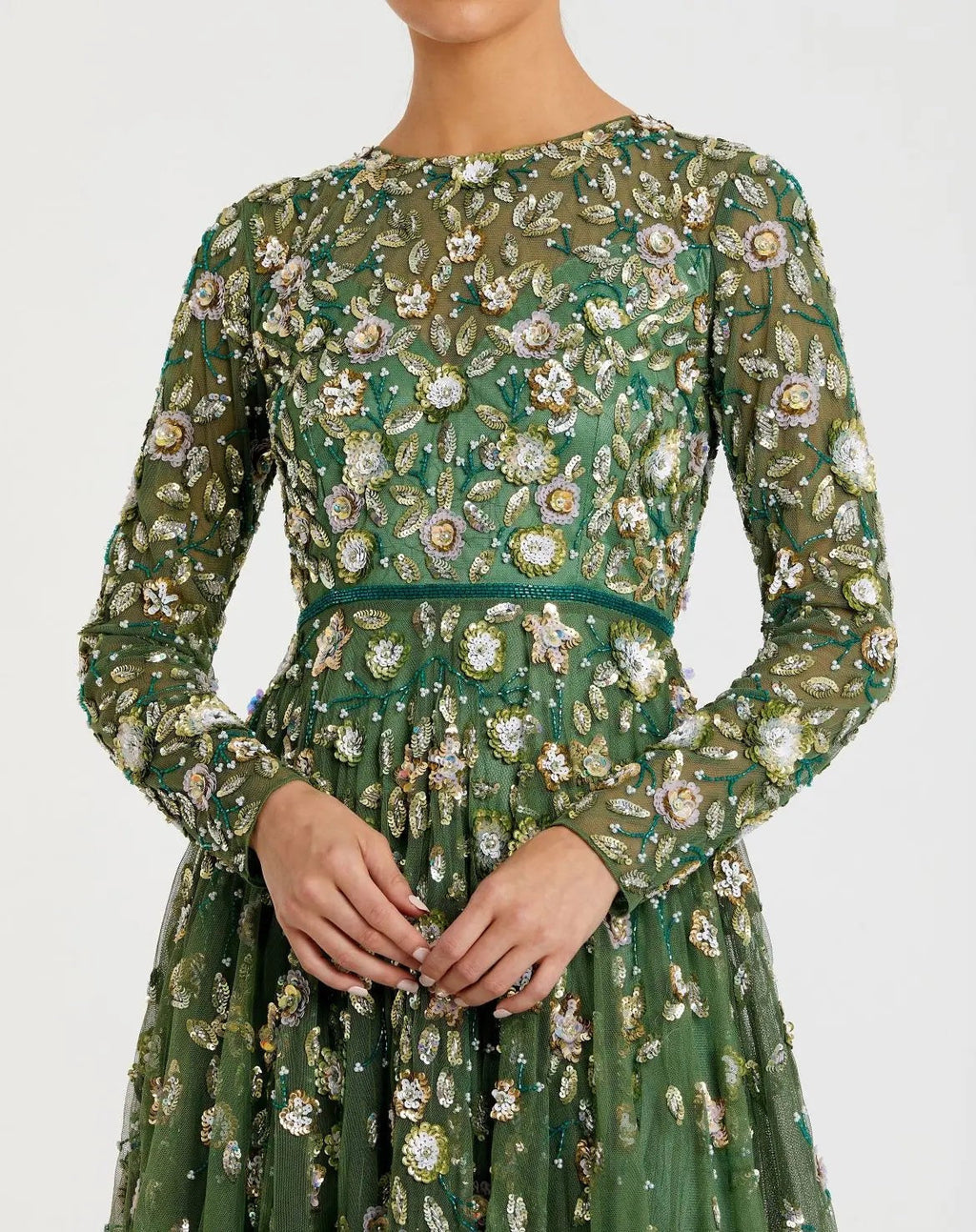 Sage Embellished High Neck Long Sleeve A Line Gown