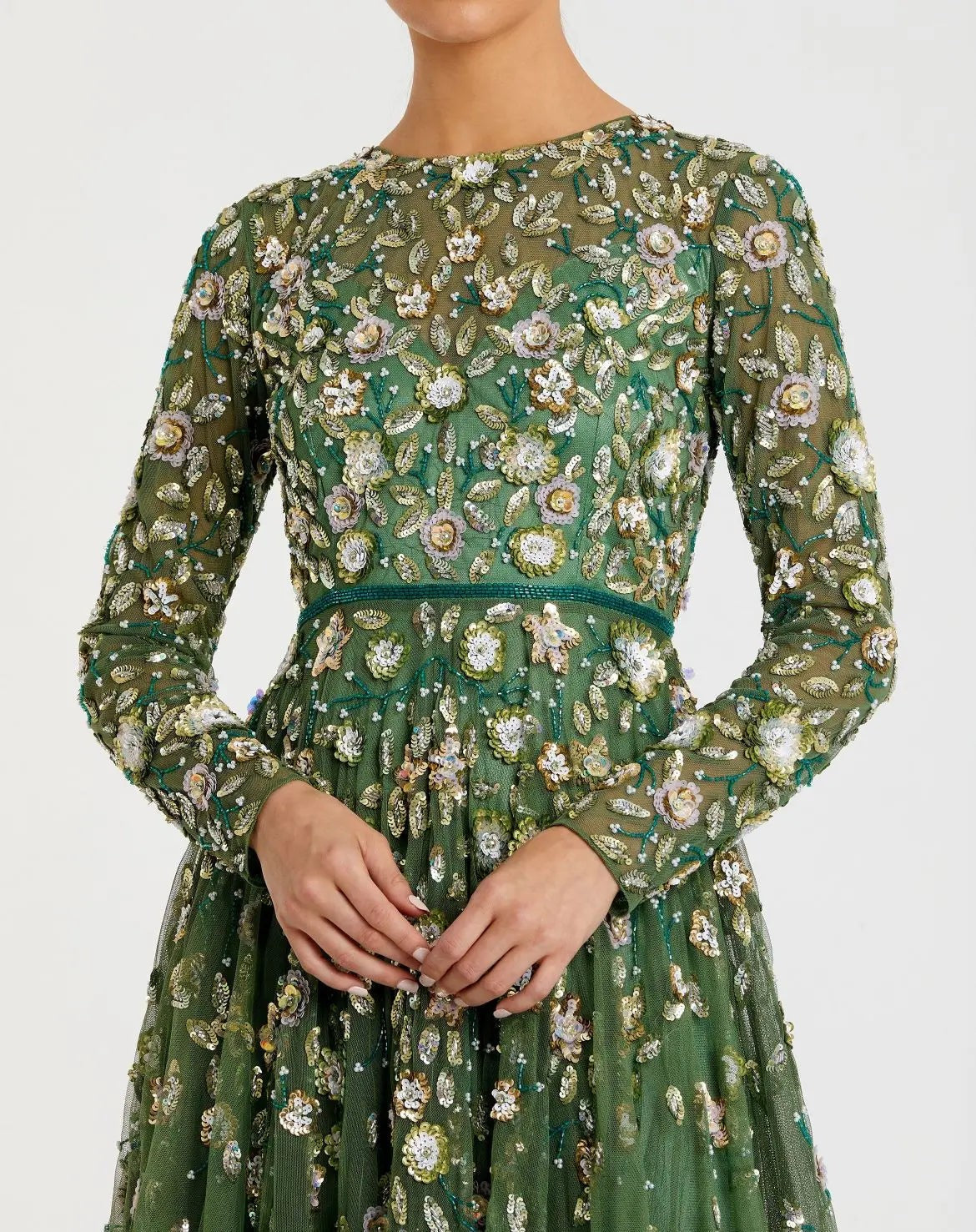 Sage Embellished High Neck Long Sleeve A Line Gown
