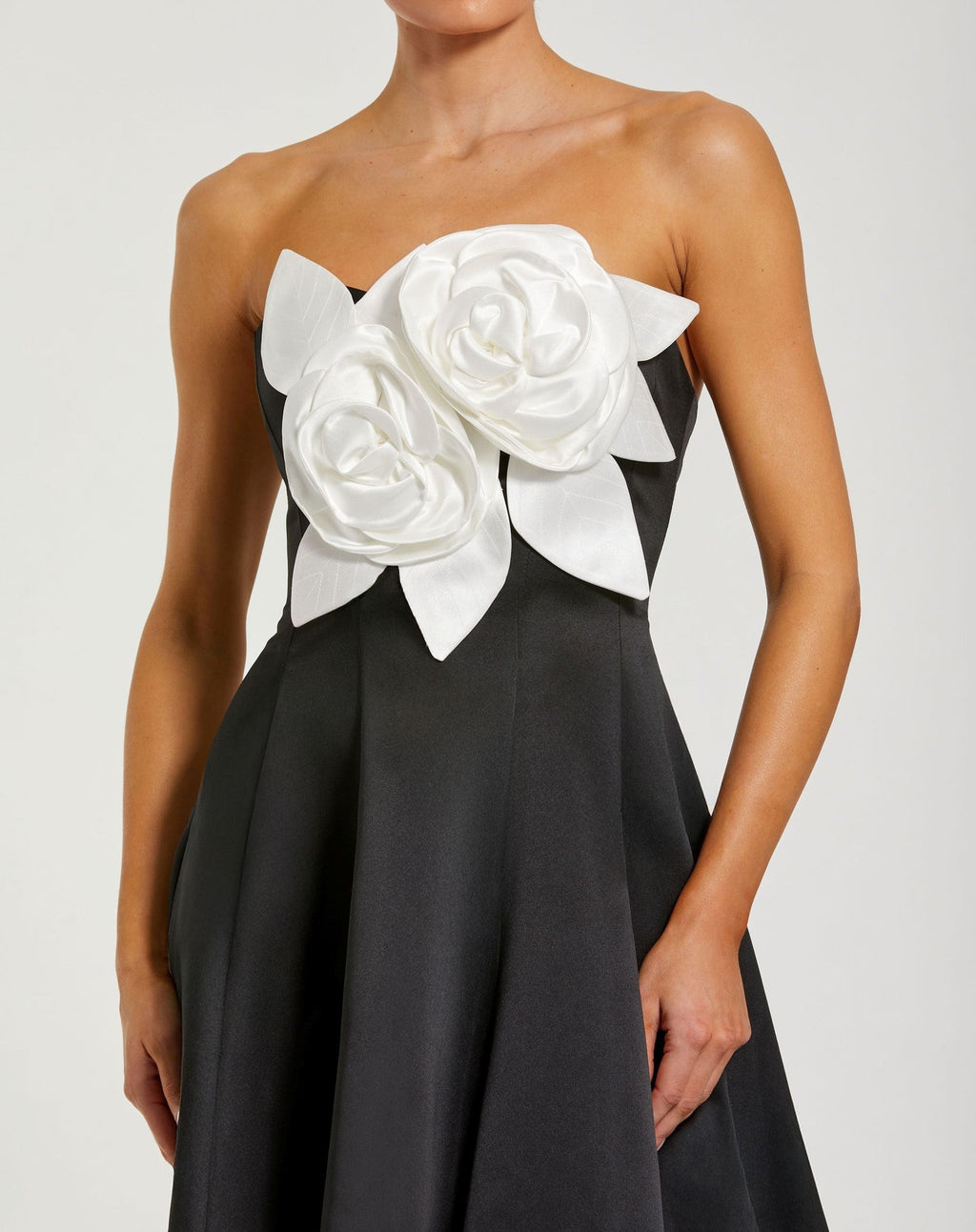 Black Ivory Strapless Satin High Low Gown With 3D Flowers
