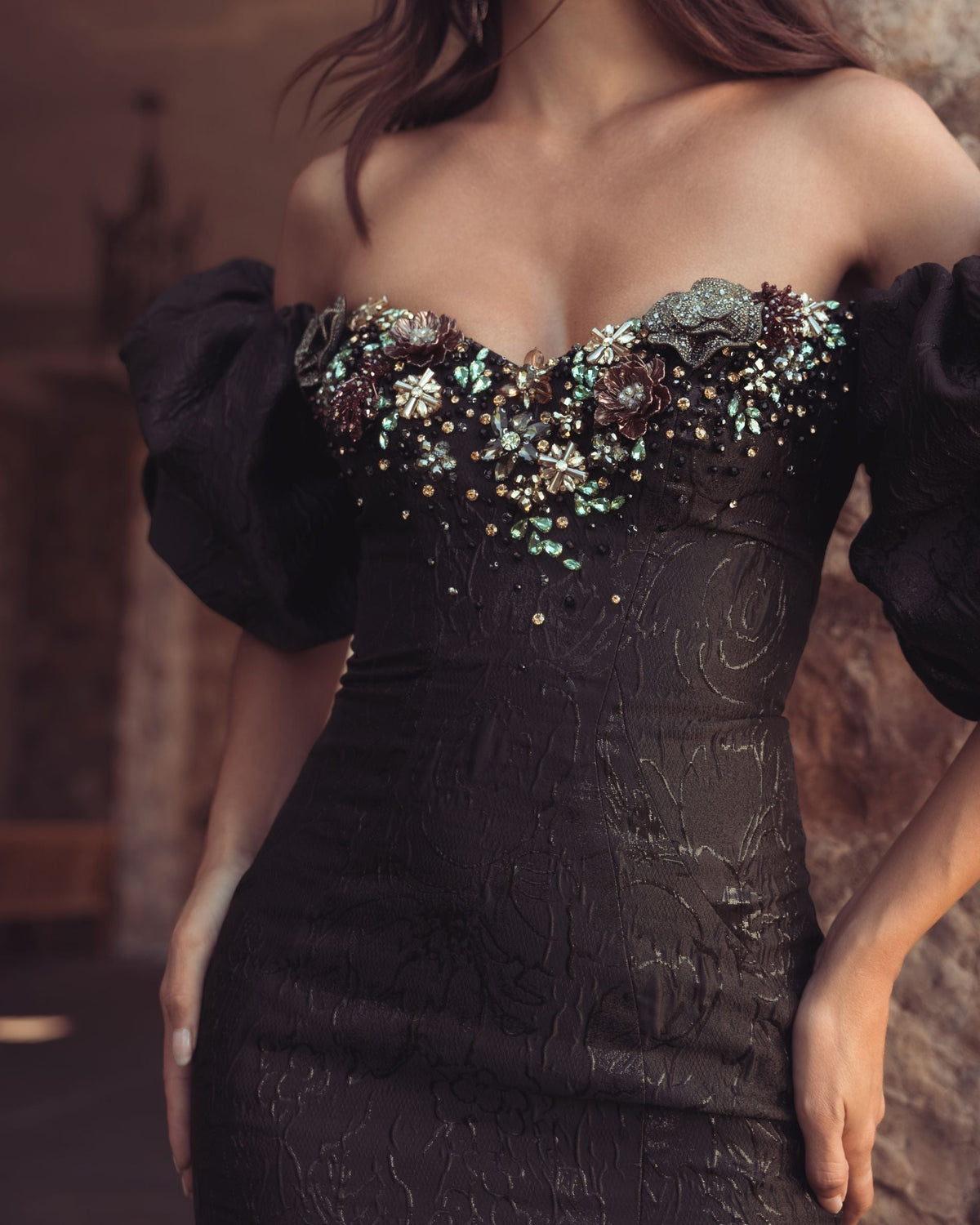 Black Multi Embellished Brocade Off The Shoulder Mermaid Gown