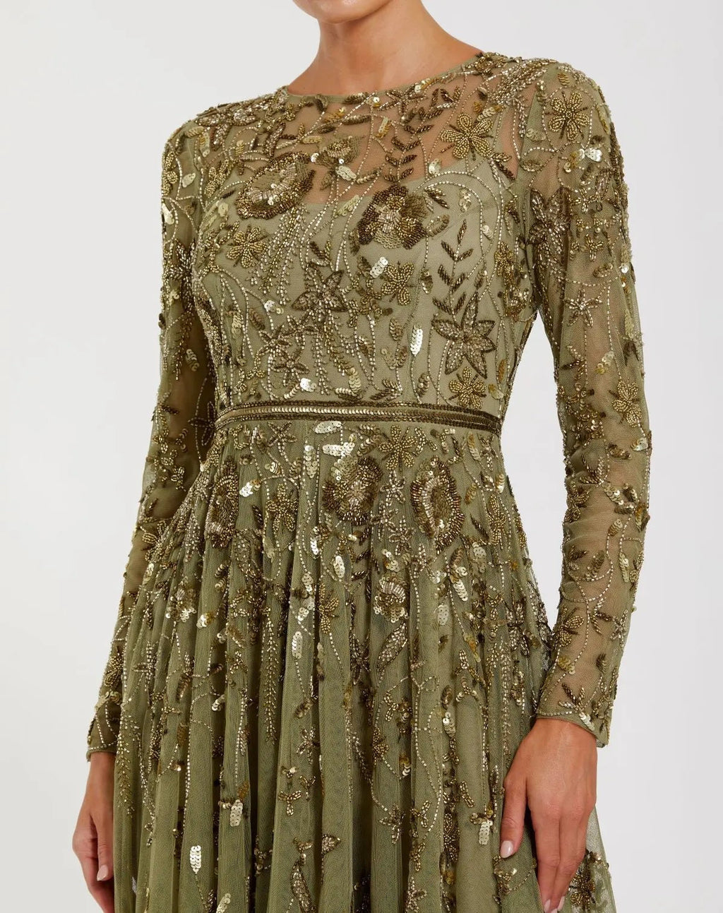 Green Long Sleeve Hand Embellished Floral A-line Gown