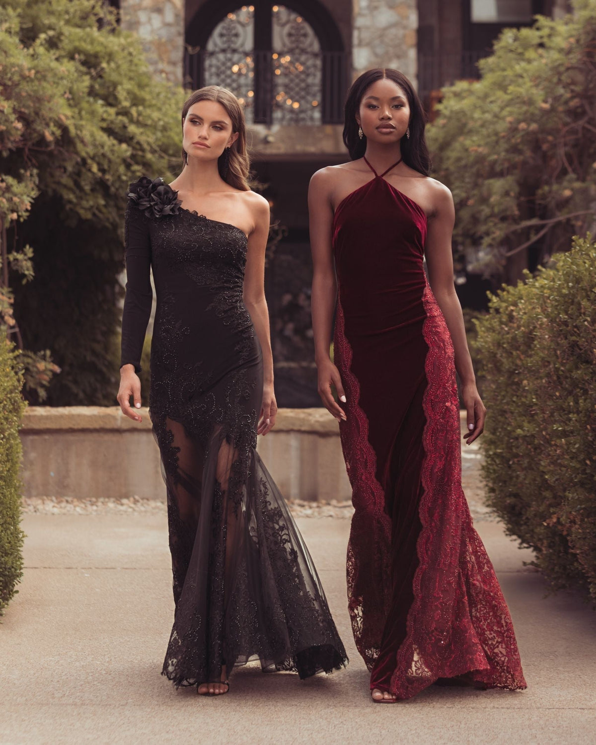 Burgundy Velvet and Lace Halter Column Gown