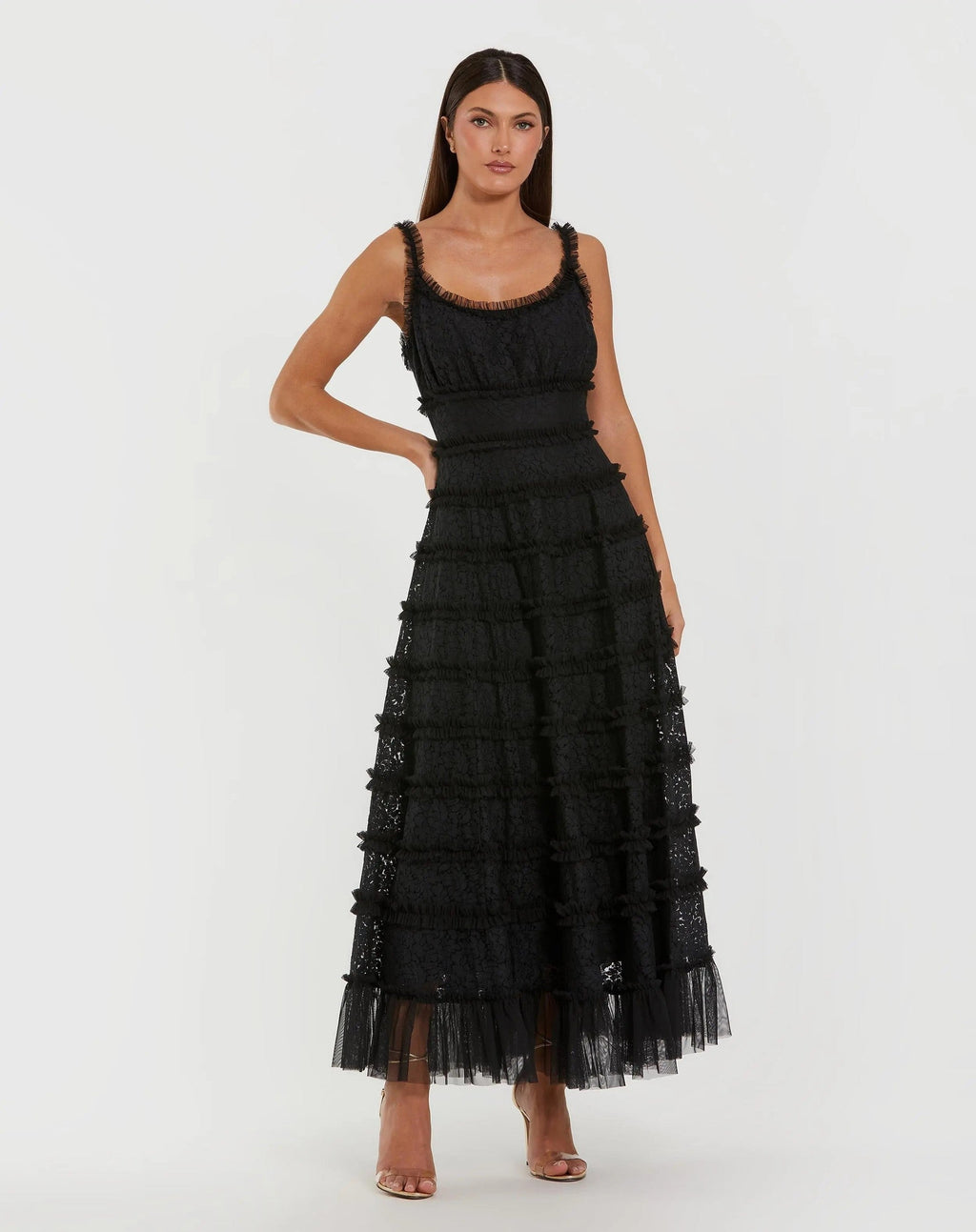 Black Floral Lace Ruffle Maxi Dress