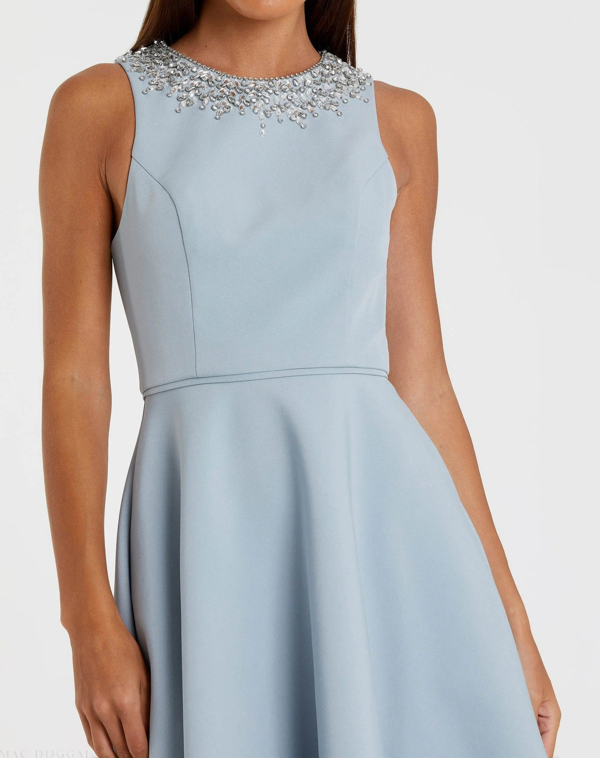 Powder Blue Crepe Embellished Neck High Low Gown