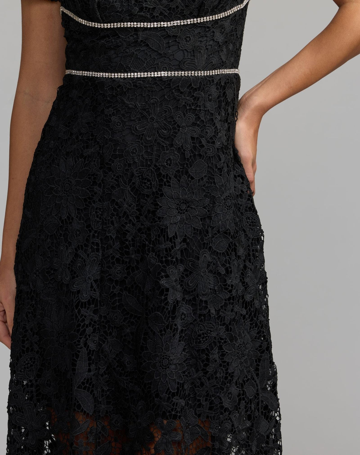 Black Short Sleeve Lace Midi Dress With Rhinestone Trim