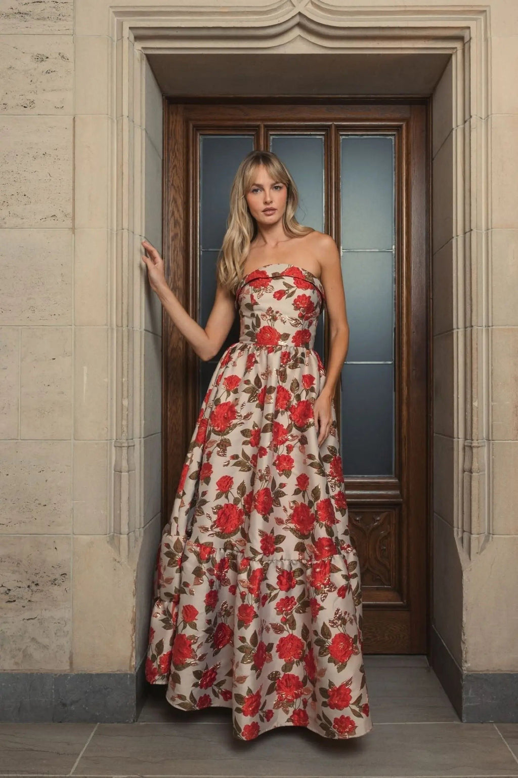 Multicolor Brocade Strapless Floral Gown With Ruffle Hem