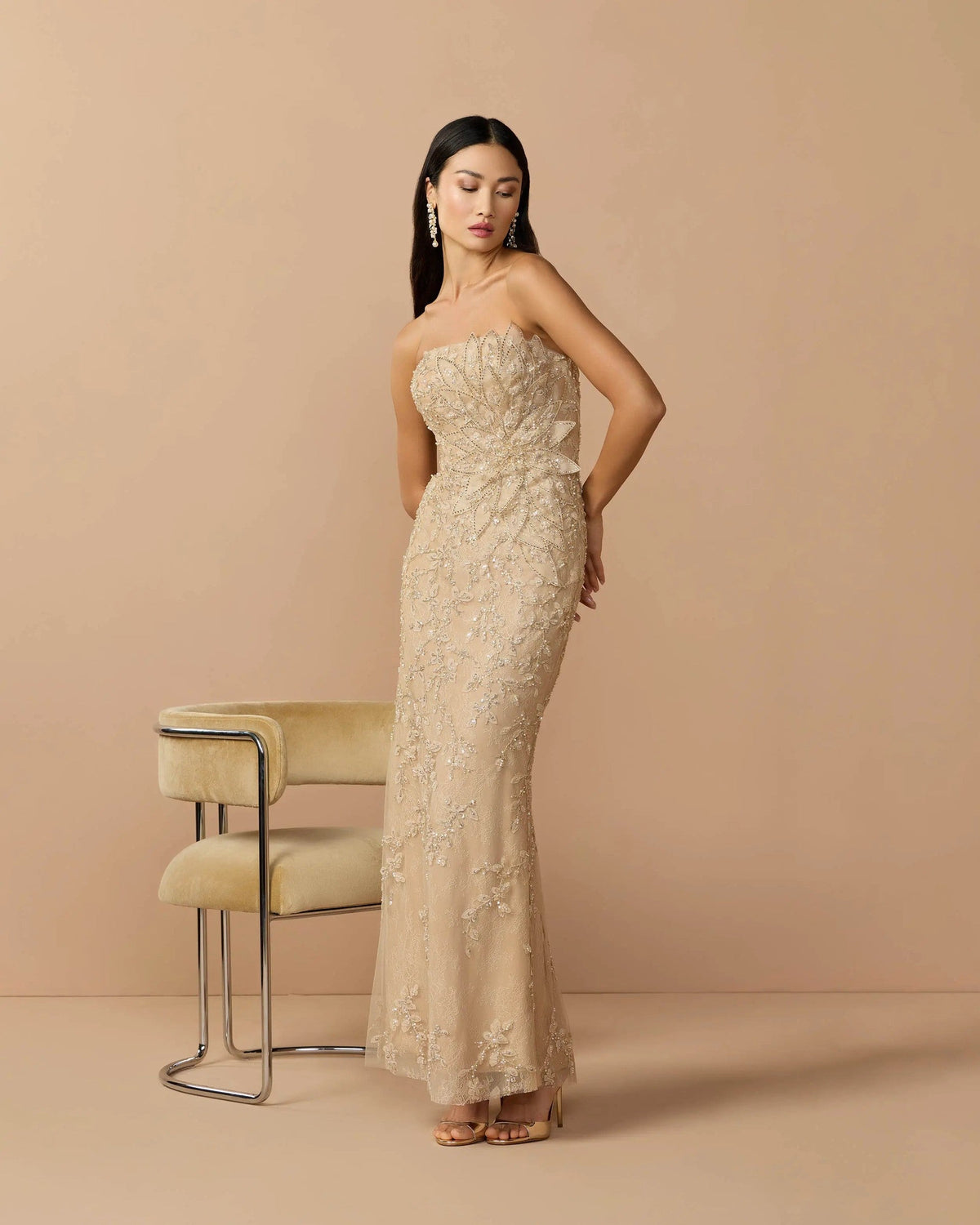 Gold Strapless Embellished Lace Gown With 3D Flower