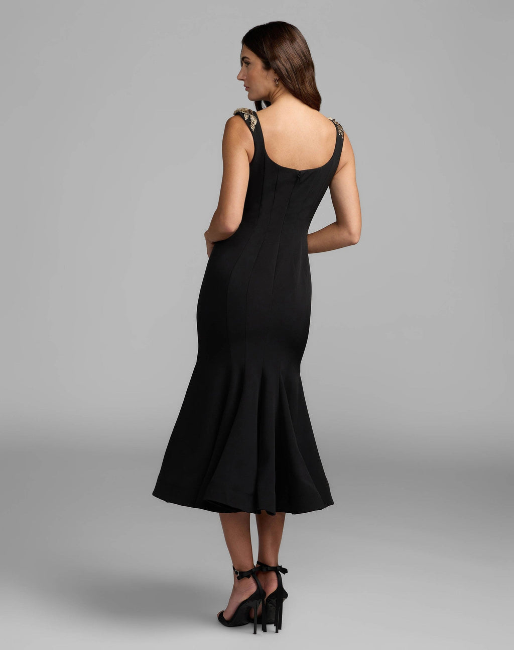 Black 3D Floral Trumpet Midi Dress