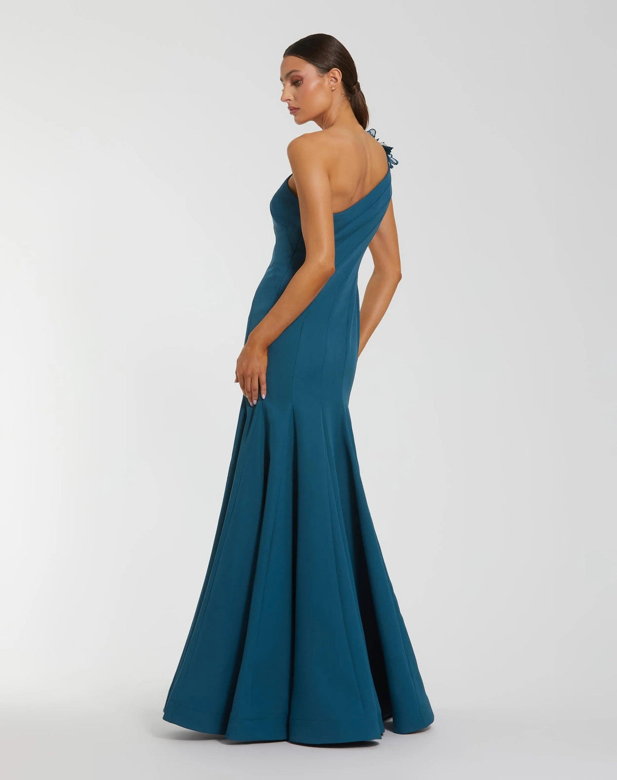 Ocean Blue One Shoulder Mermaid Gown With 3D Flowers