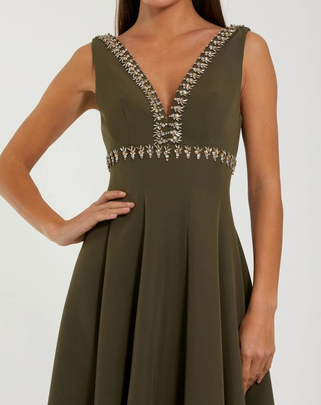 Olive Rhinestone Embellished Crepe A-Line Midi Dress