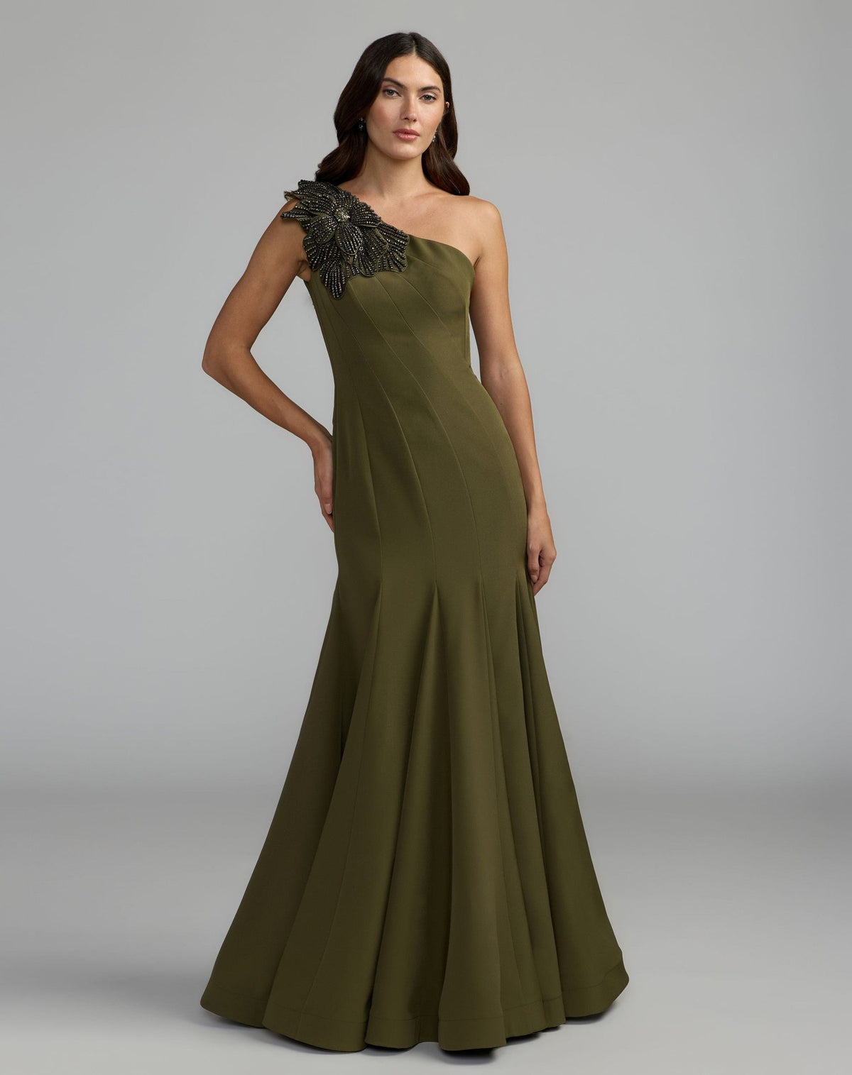 Olive One Shoulder Trumpet Gown With Crystal Flower