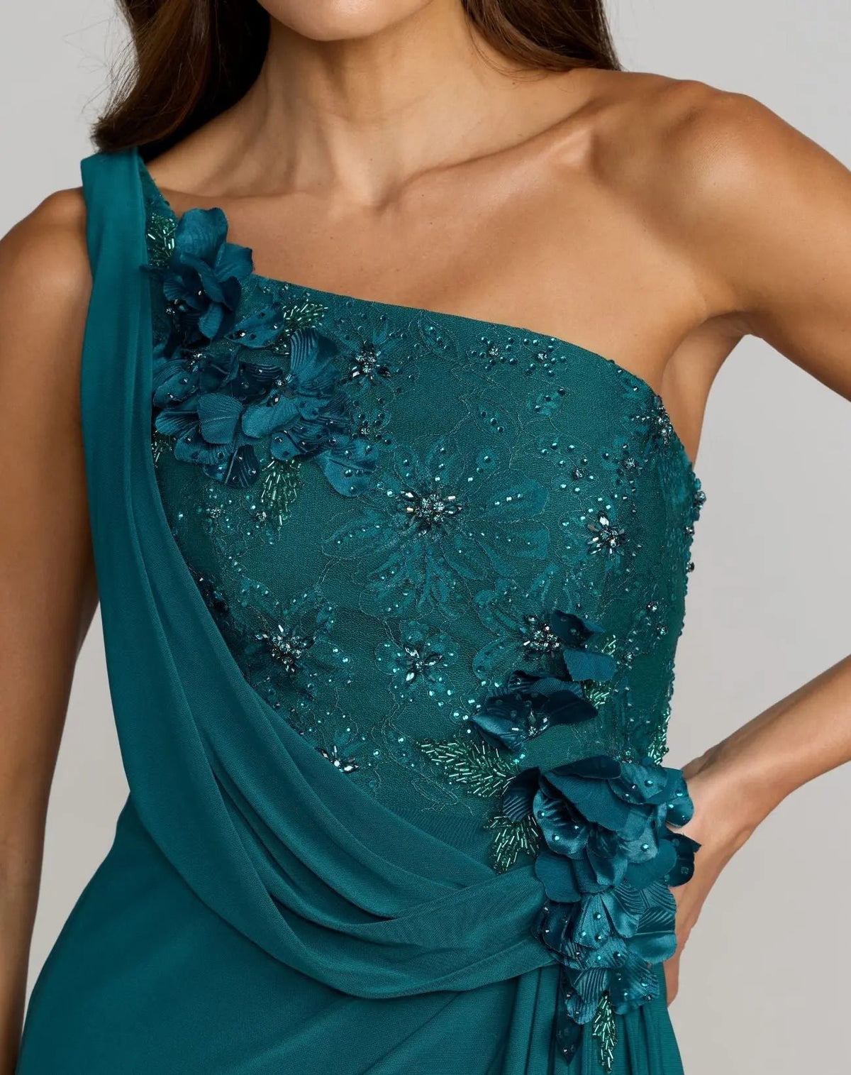 Teal One Shoulder Draped Jersey Gown With 3D Flowers