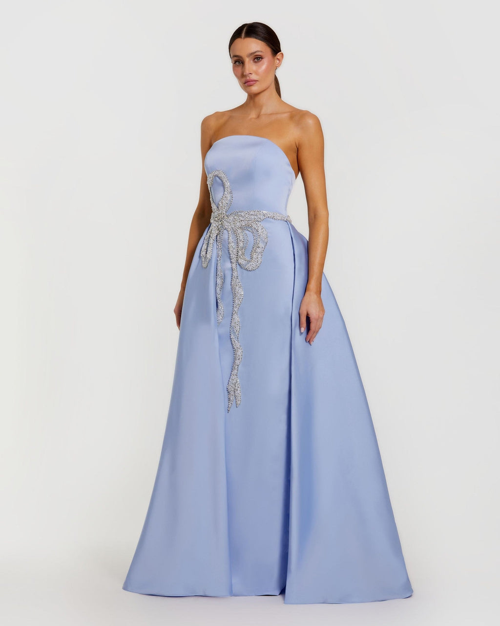 Powder Blue Strapless Embellished Satin Gown with Overskirt