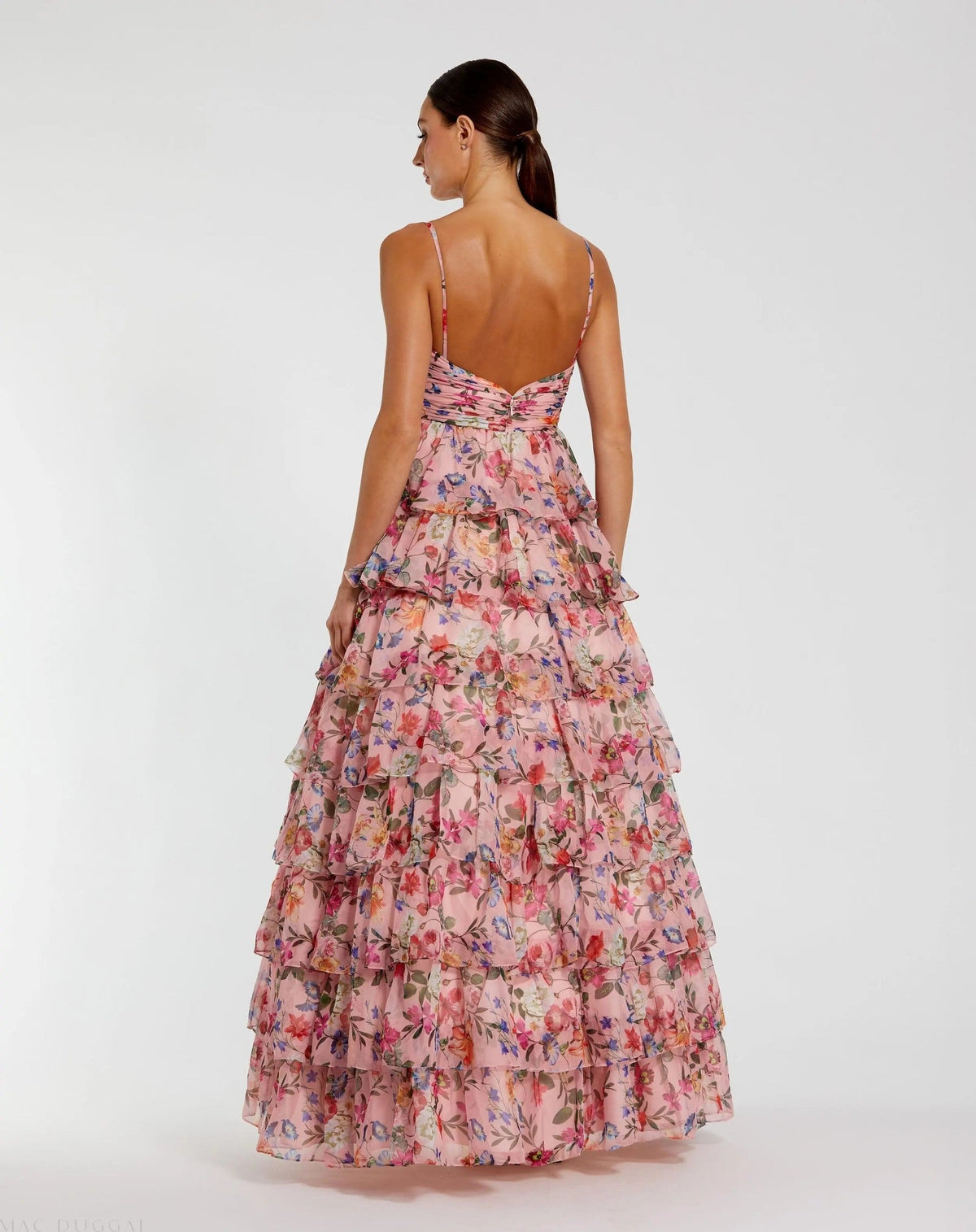 Pink Floral Cut Out Ruffle Tiered Gown