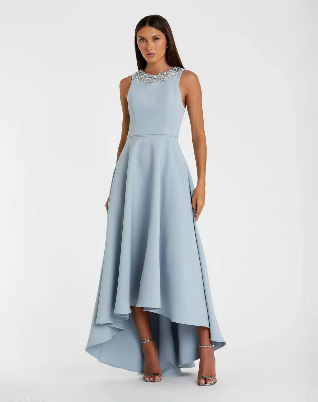 Powder Blue Crepe Embellished Neck High Low Gown
