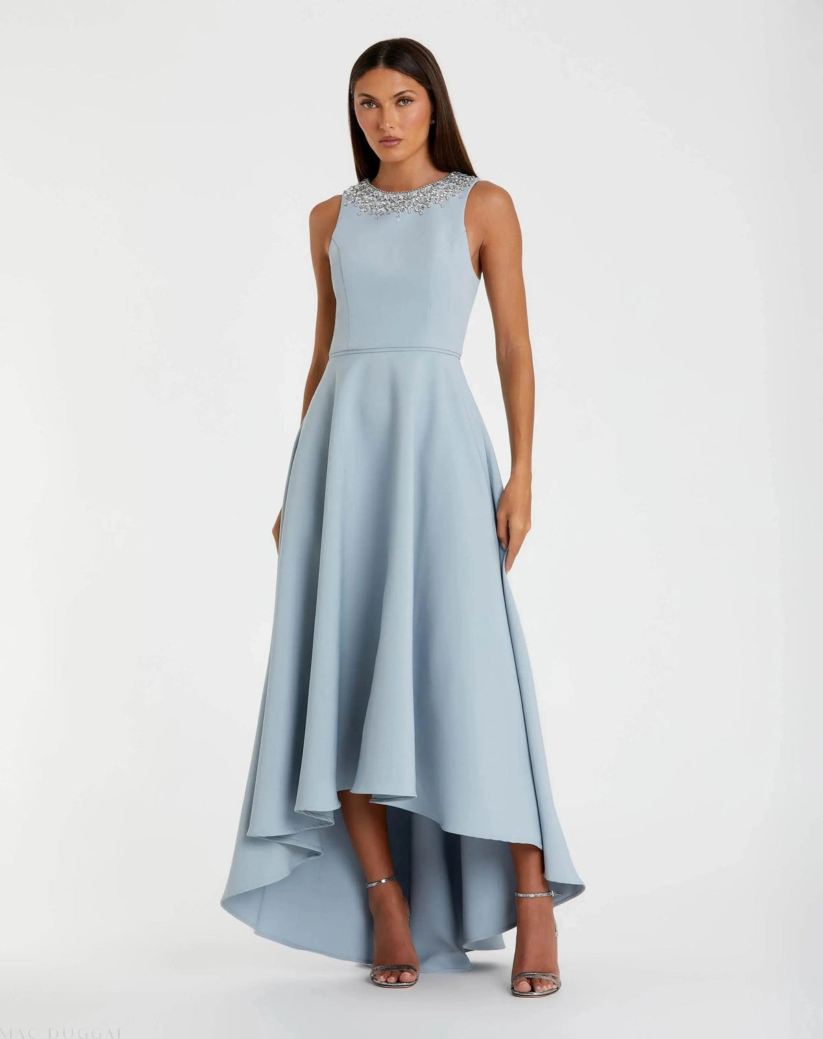 Powder Blue Crepe Embellished Neck High Low Gown