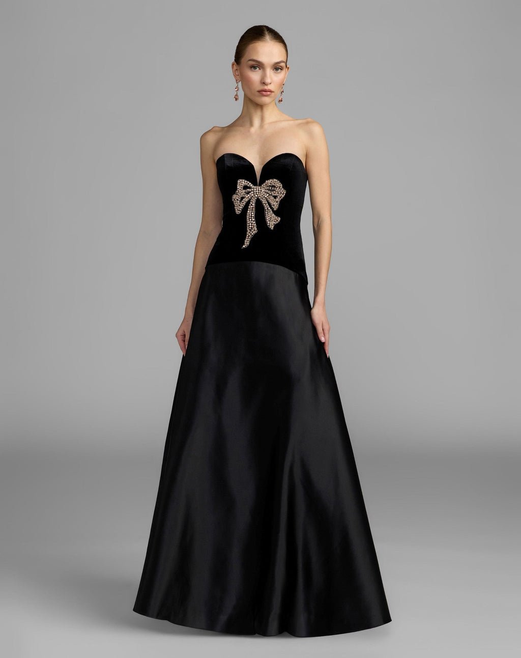 Black Gold Strapless Velvet Gown With Bow Detail