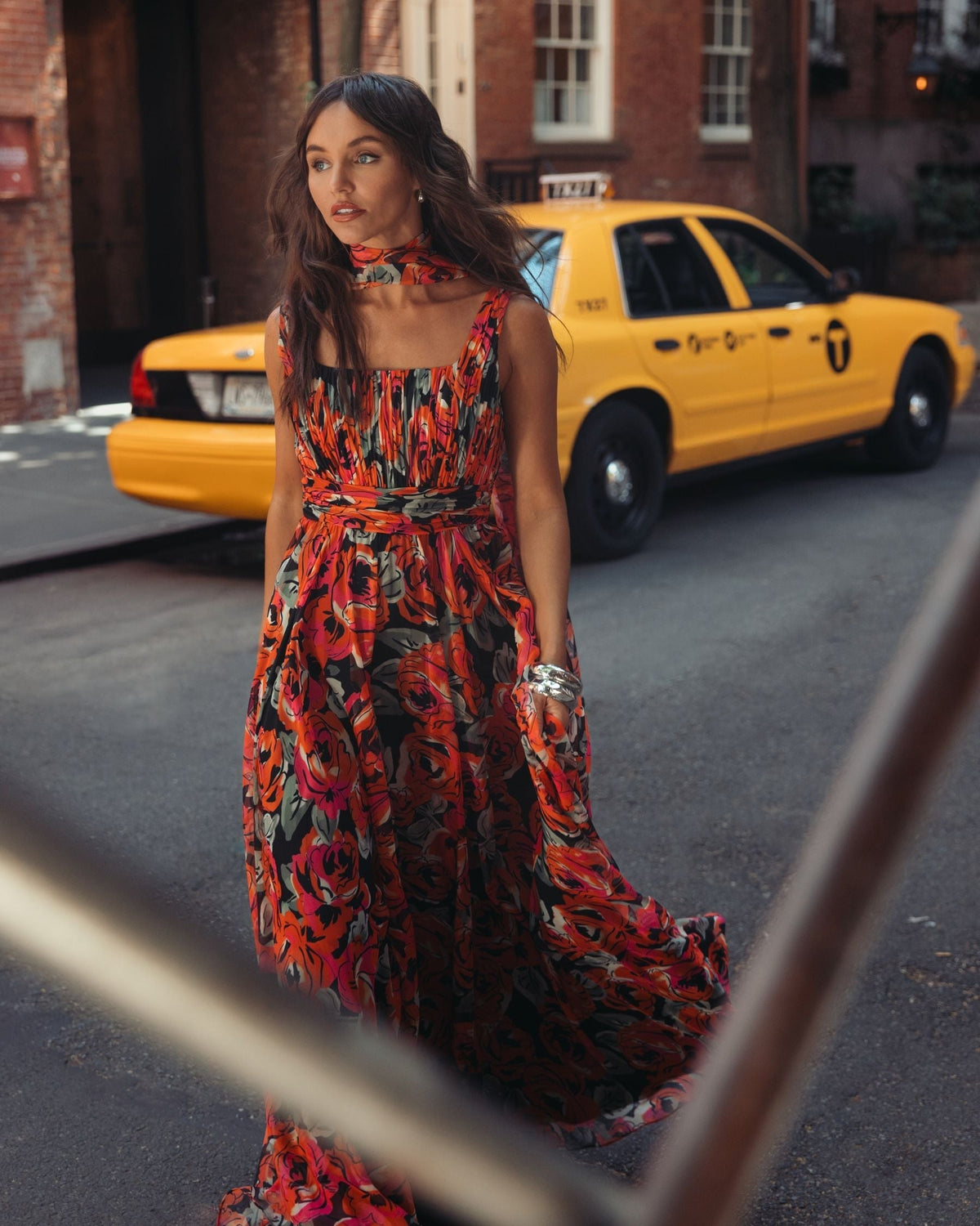 Rose Floral Chiffon Gown With Scarf