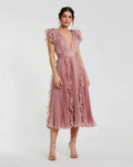 Pink Pleated Chiffon V Neck Ruffle Midi Dress