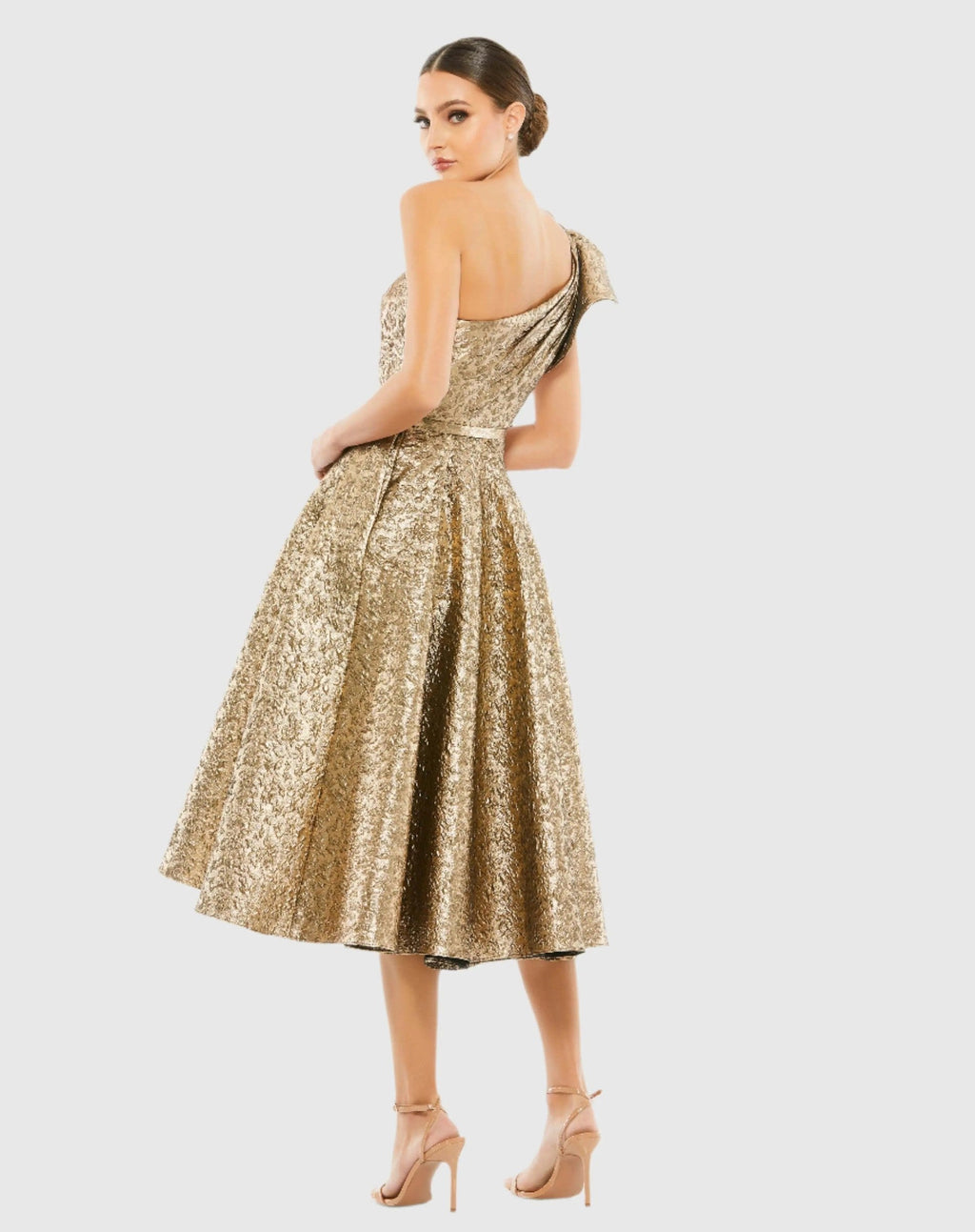 Antique Bronze Metallic Ruffle One Shoulder Midi Dress