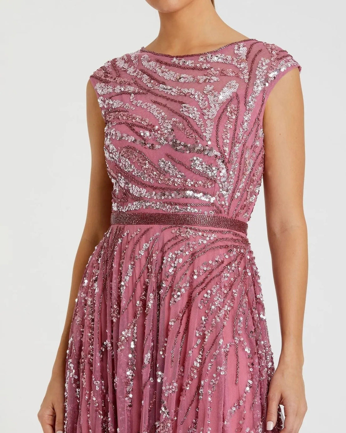 Plum Cap Sleeve Embellished Evening Gown