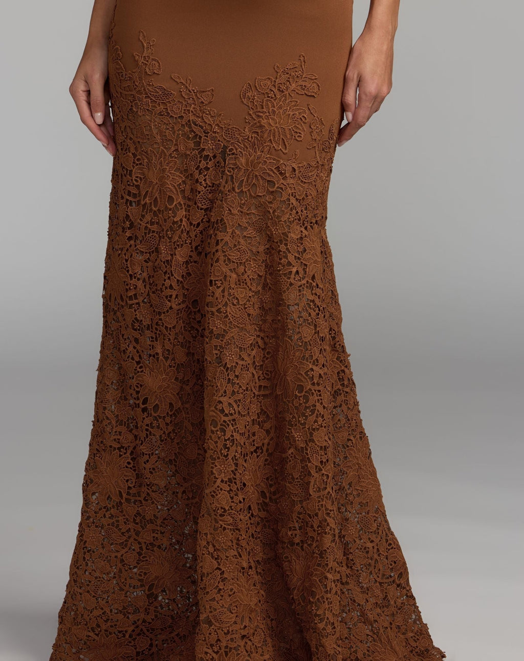 Nutmeg Sleeveless Lace Hem Crepe Gown