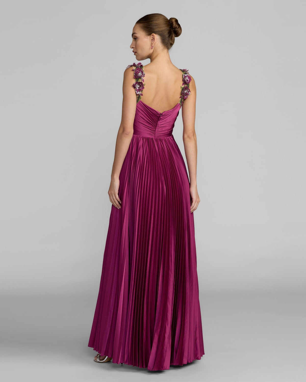 Magenta Pleated High Low Gown With 3D Floral Straps