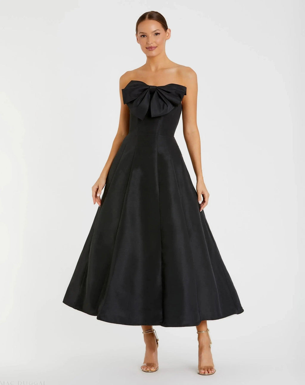 Strapless A-Line Tea Length Statement Bow Dress