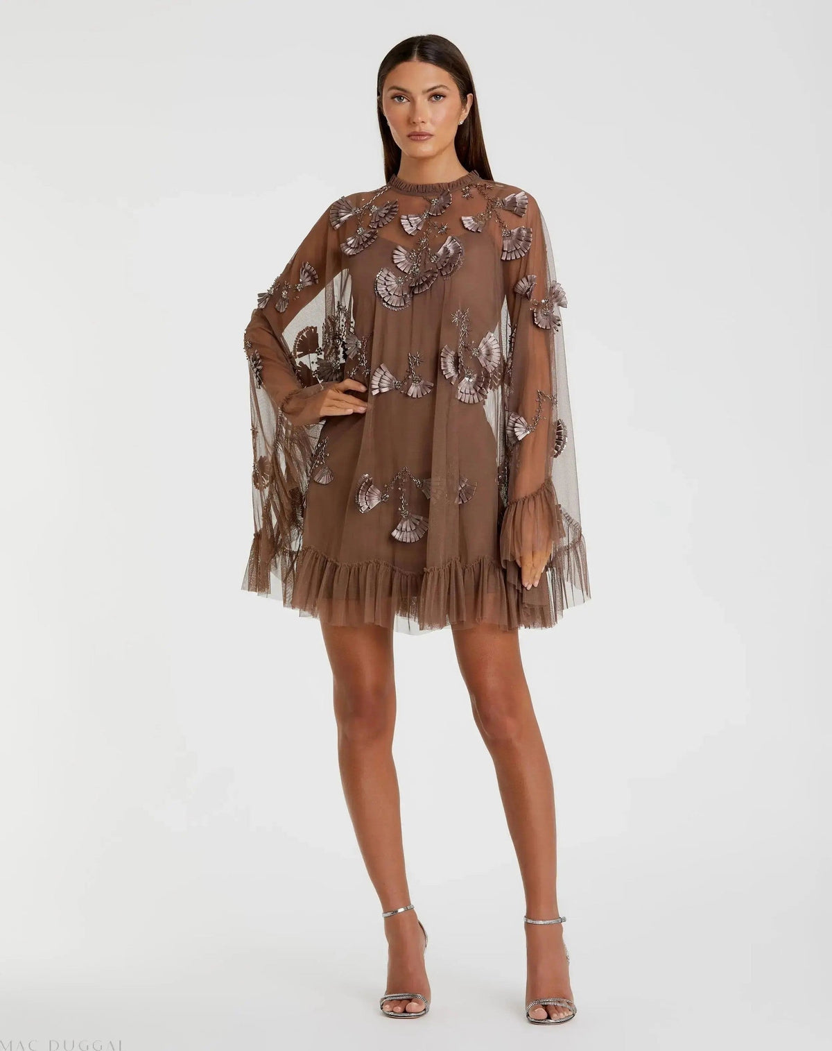 Embellished Long Sleeve Trapeze Dress with Ruffle Hem
