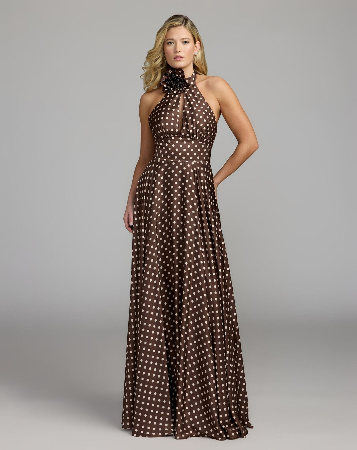 Chocolate Multi Polka Dot A-Line Halter Gown With Rosette