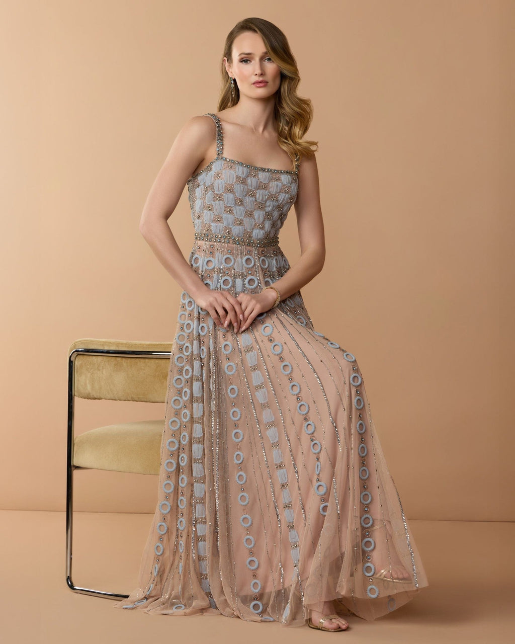 Petite Powder Blue Sleeveless Embellished A-line Gown
