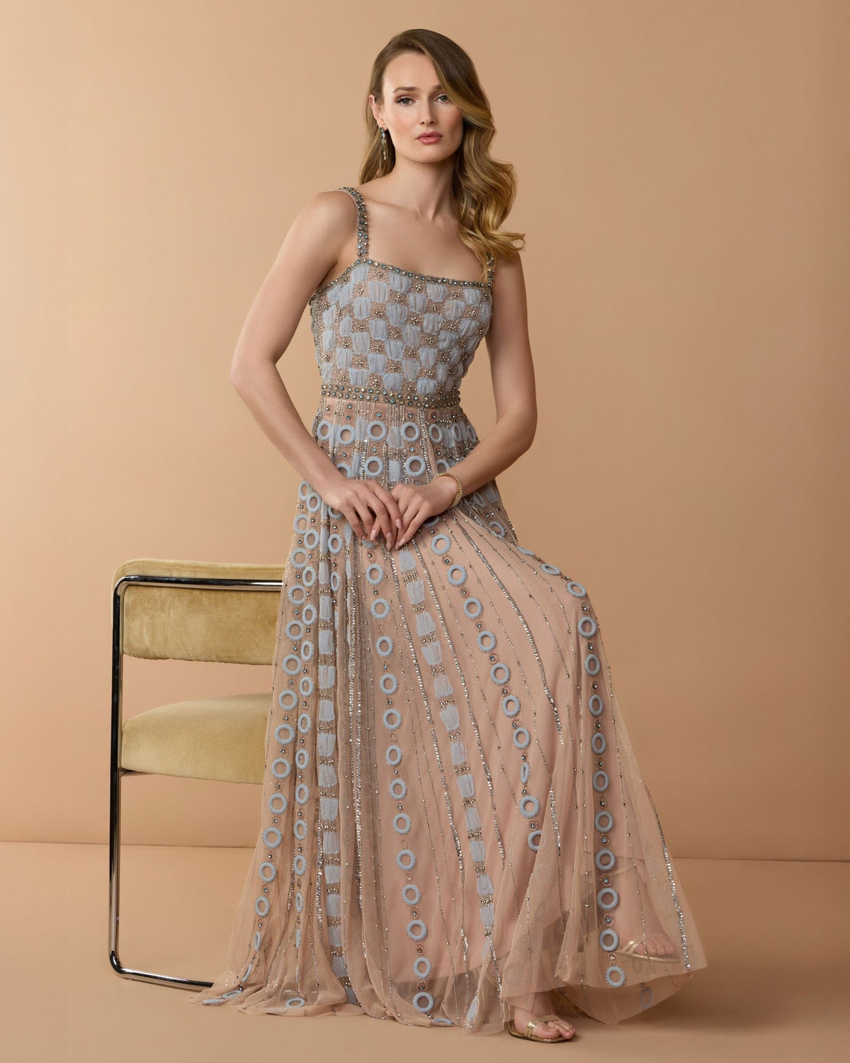 Petite Powder Blue Sleeveless Embellished A-line Gown