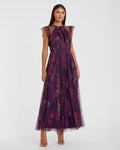 Purple Floral Flutter Sleeve Midi Dress